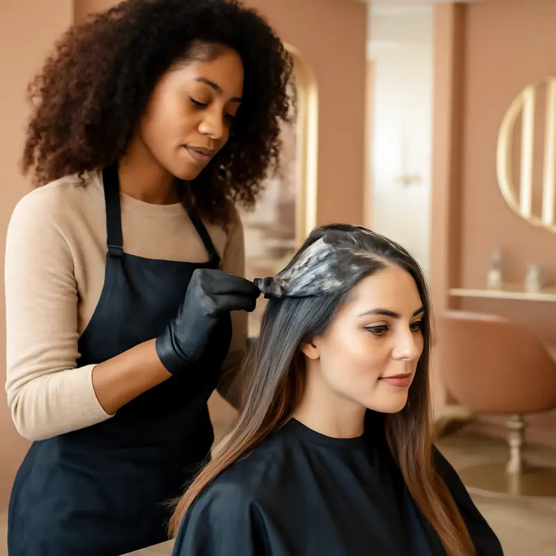 Hair stylist applying colour during a salon styling appointment